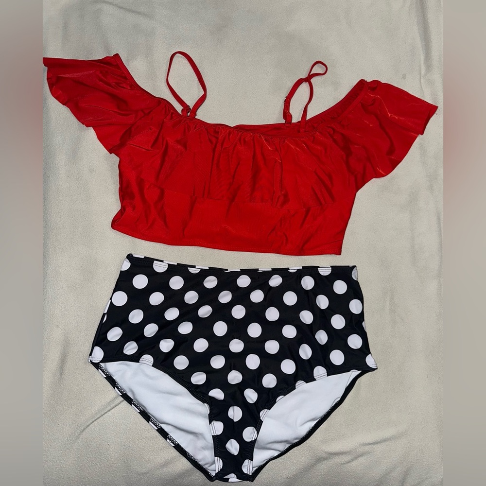 3X off the shoulder 2 piece swim suit. Red top & black polka dot bottoms